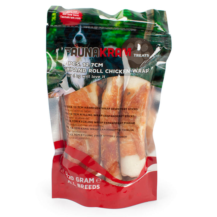 Faunakram 120 gram hunde snacks 3x12,7cm kylling wrap - Totteland.dk
